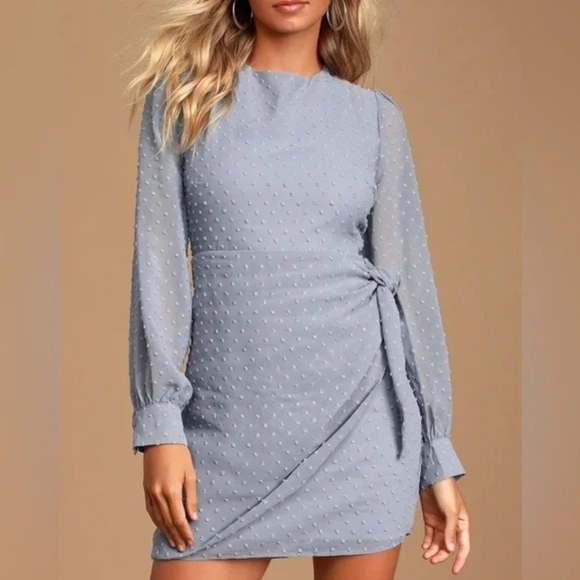 NWT Lulus Much Love Light Blue Swiss Dot Long Sleeve Tie Front Mini Dress XS - Picture 1 of 12